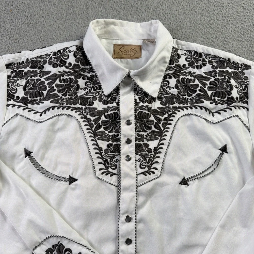 Scully Gunfighter Floral Embroidered White Western Pearl Snap Shirt Mens XL